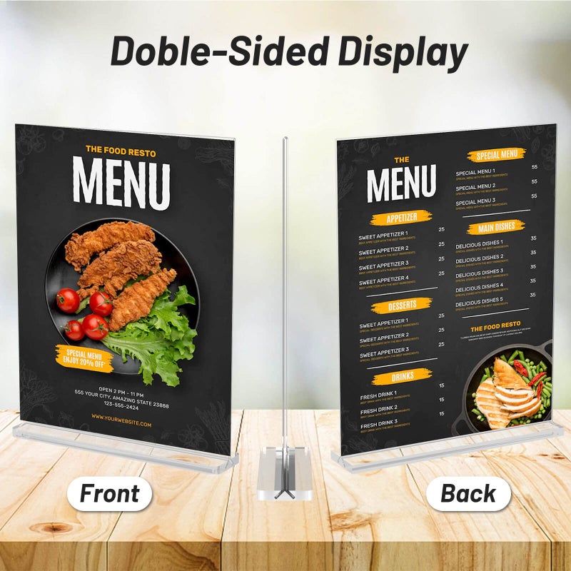 Comkrivy Acrylic Sign Holder 8.5 x 11 Inch Vertical T Shape Display Stand Double-Sided Desktop Clear Sign Holders Paper Holder Table Menu Holders Plastic Sign Stand for Home, Office, Restaurants, Store, 2-Pack - Image 2
